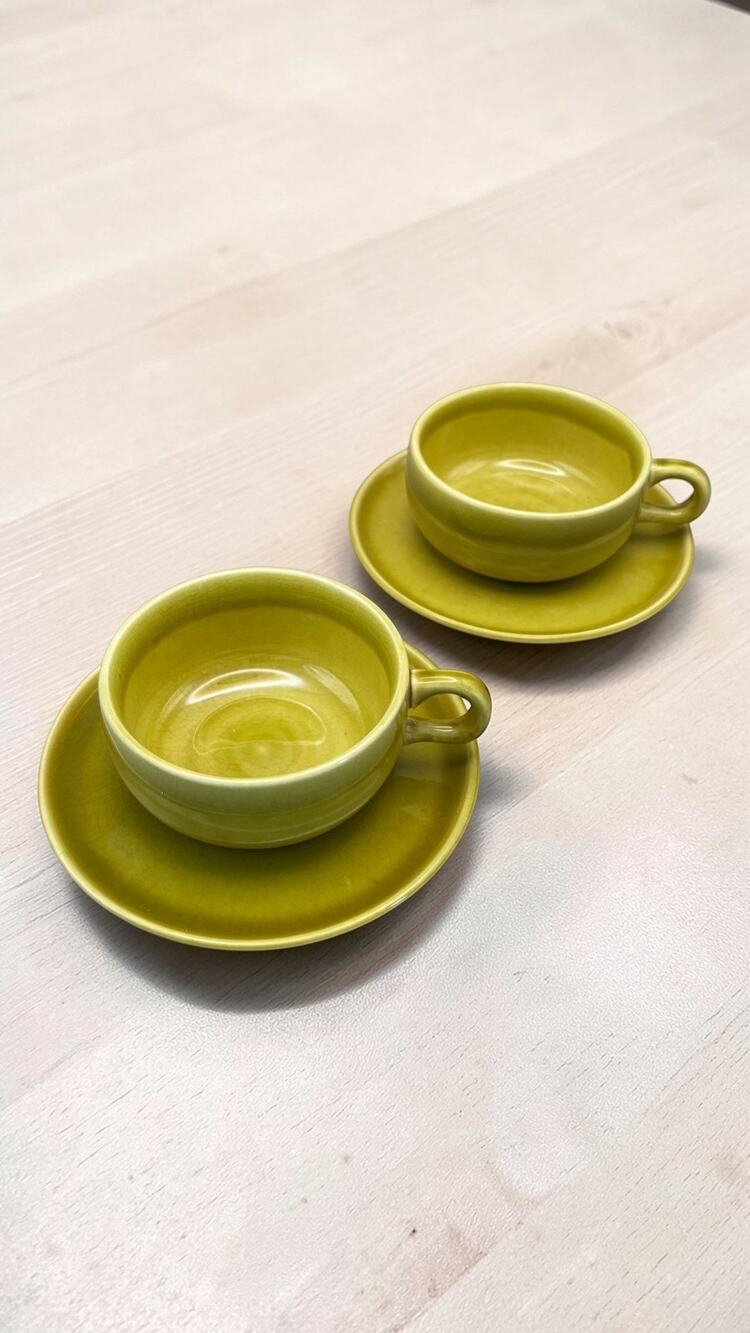 Vintage Russel Wright Green Steubenville Chartreuse Espresso Cup & Saucer Set 2